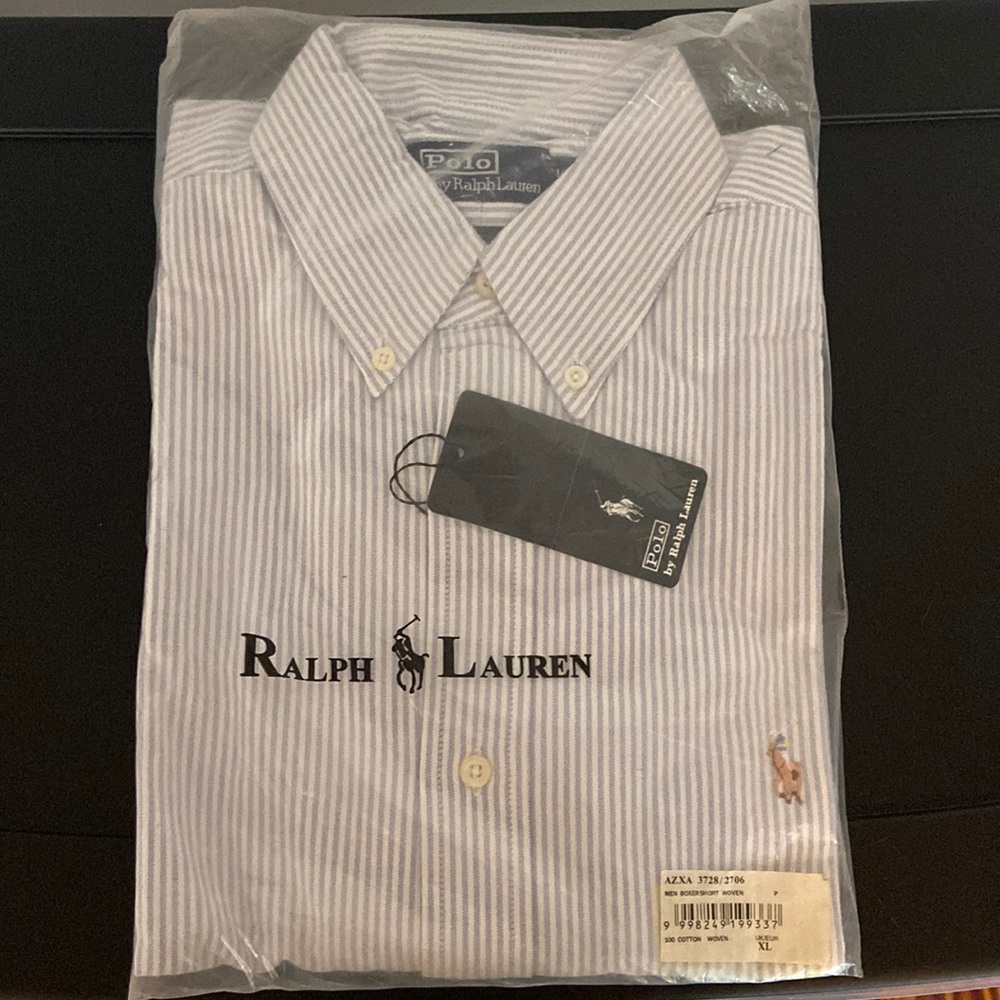 NEW White and Blue Patterned Ralph Lauren POLO Shirt Men's Long Sleeve Sz.16 1/2